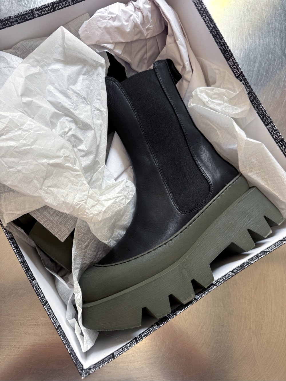 Platform Chelsea Boots in Black with Olive Lug Sole